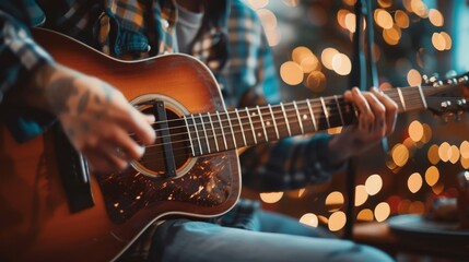 Obraz premium A man plays an acoustic guitar in front of a microphone and a Christmas tree adorned with lights