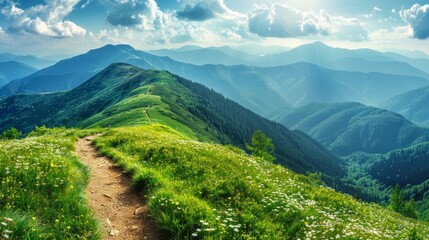 Fototapeta premium A winding path ascends a verdant hill, revealing vistas of distant mountains and valleys White flowers adorn the hillside in the foreground