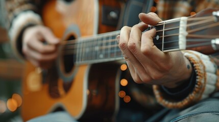 Fototapeta premium A tight shot of someone focusing on playing a guitar, background features a softly blurred figure also holding a guitar