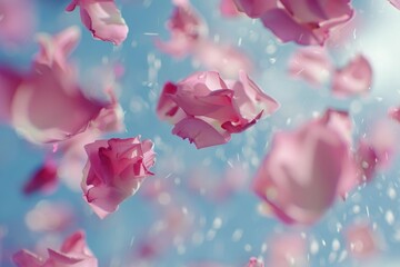 Pink rose petals drifting in the wind, Pink petals gently falling from the sky in a beautiful display of nature's grace, AI generated