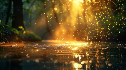  The sun brightly shines through trees, casting light on a body of water with a flowing stream