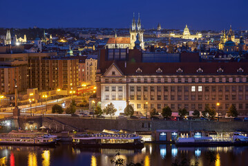 Aerial cityscape evening view of Prague, capital of Czech Republic, view from Letna park