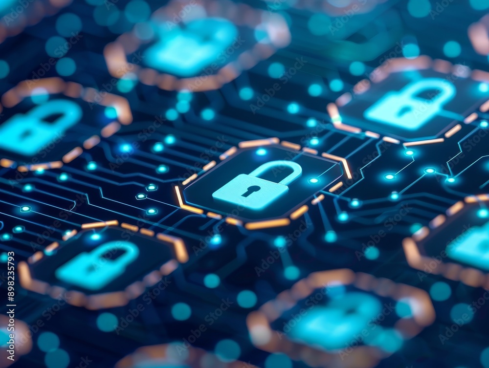 Poster abstract cybersecurity concept - network security with padlocks and circuit boards - digital data pr