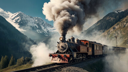 An old retro train in clouds of smoke against the backdrop of the Alpine mountains. AI
