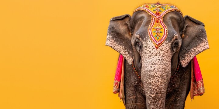 decorated indian elephant with yellow background - majestic animal portrait photography