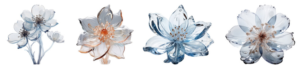 Collection of ice flower sculptures. Frozen beauty.