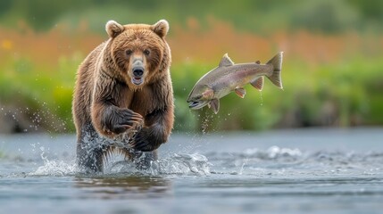 Obraz premium A brown bear catches a fish from the water, holding one in its mouth, and leaps with another fish in mid-air
