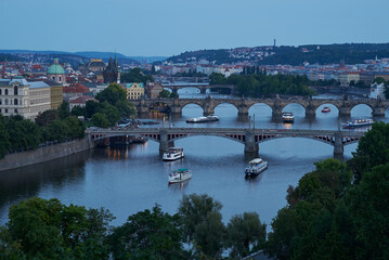 Fototapeta premium Aerial cityscape evening view of Prague, capital of Czech Republic, view from Letna park