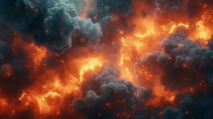 Obraz premium A collection of orange and black clouds in the sky, surrounded by a blue section in the middle, and a red hue in the heart of the image