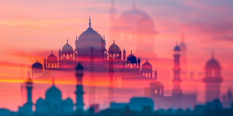 Obraz premium mystical silhouette of mosques at sunset with a dreamy reflection on water.