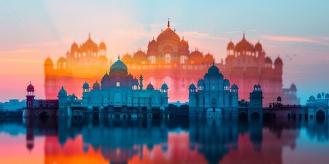 majestic architecture of india, with a reflection in the water at sunset - a dreamy silhouette of temples and palaces in golden hour light.