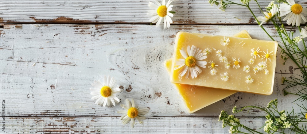 Aufkleber Chamomile flower adorned soap bar displayed on a white wooden surface with a copy space image
