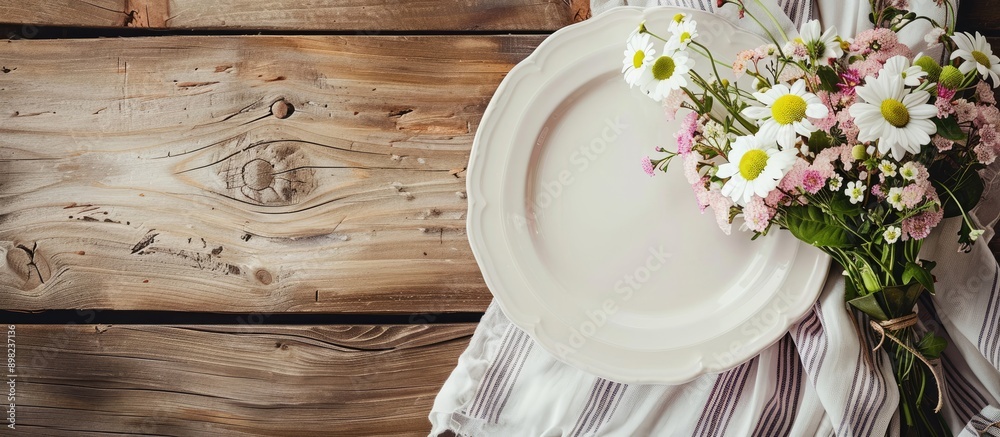 Poster bouquet on wooden table next to ceramic plates creates a charming scene in the copy space image