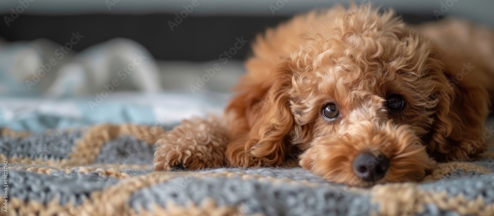 Poster an adorable poodle puppy rests on a bedspread with a copy space image available