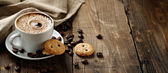 Coffee served with a snack on a table displaying a copy space image