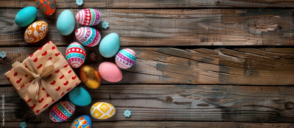 Poster colorful easter eggs and a gift box displayed on a wooden background with ample copy space image