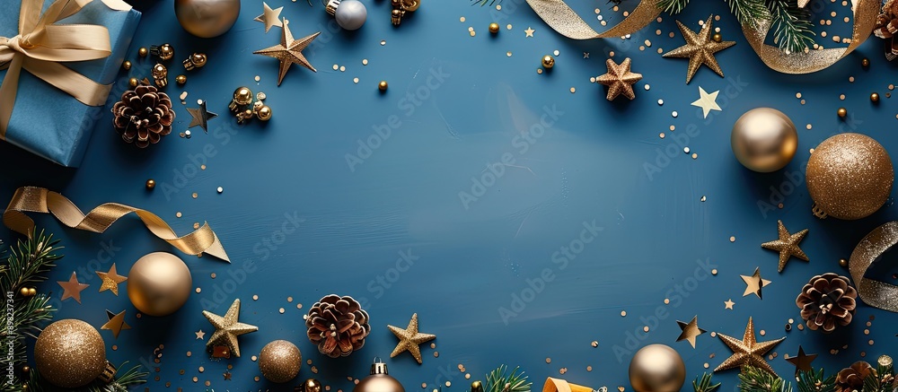 Aufkleber flat lay christmas frame border featuring golden balls stars and ribbon on a blue background with co