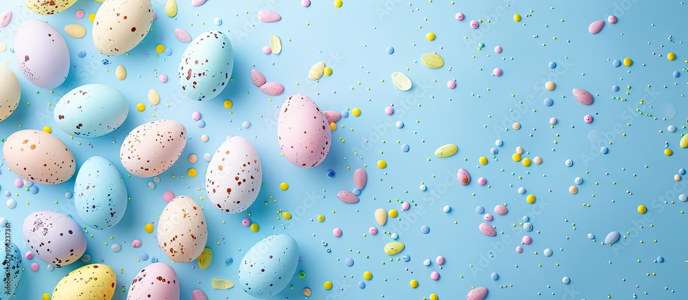Aufkleber A vibrant display of Easter eggs on a light blue spring background shot from above with room for text or graphics a copy space image