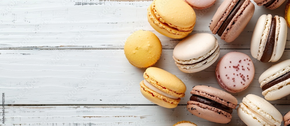 Sticker Close up of tasty macarons on a white wooden backdrop with room for text ideal for a copy space image