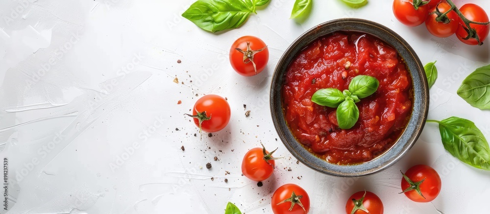 Poster top view of cherry tomatoes green basil and tomato sauce in a bowl on a white background with copy s
