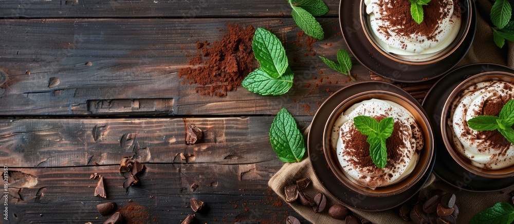 Poster an appetizing tiramisu dessert set on a dark wooden backdrop adorned with fresh mint featuring ample