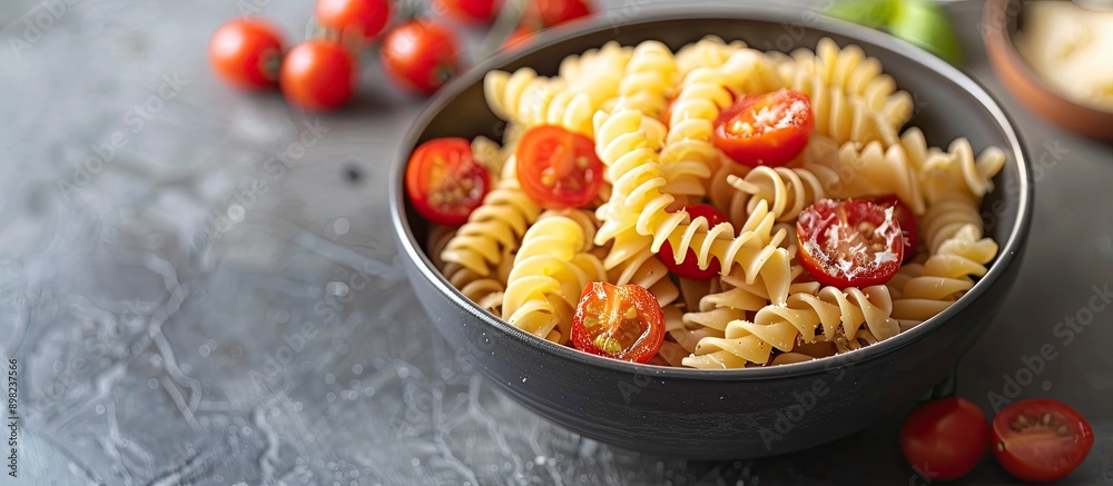 Poster bowl with raw pasta and cherry tomatoes displaying an appealing copy space image