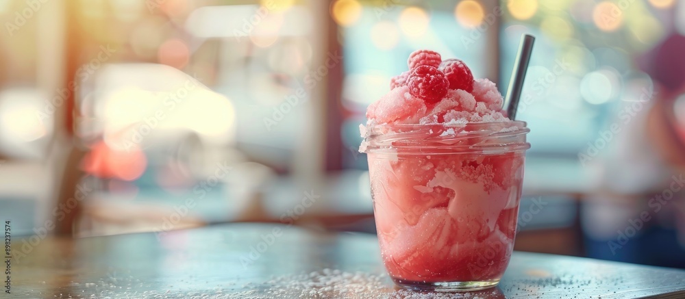 Poster a delightful hawaiian shaved ice dessert in a mason jar with a clear view and ample copy space image
