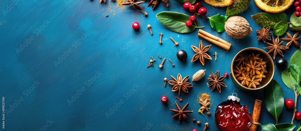 Aufkleber view from above of christmas spices on a blue background with copy space image available