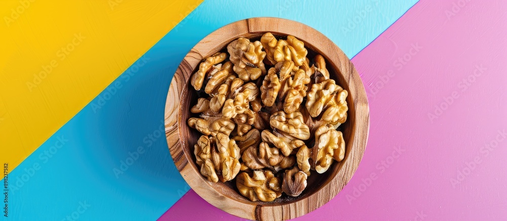 Poster close up top view of walnut kernel halves in a wooden bowl on a colorful background illustrates heal