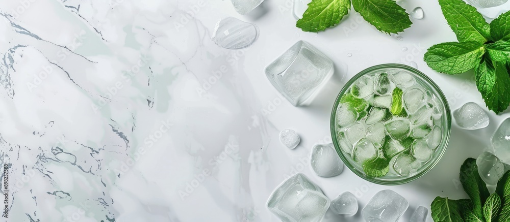 Poster closeup of a tantalizing mint liqueur with ice and green leaves on a white marble surface ideal for 