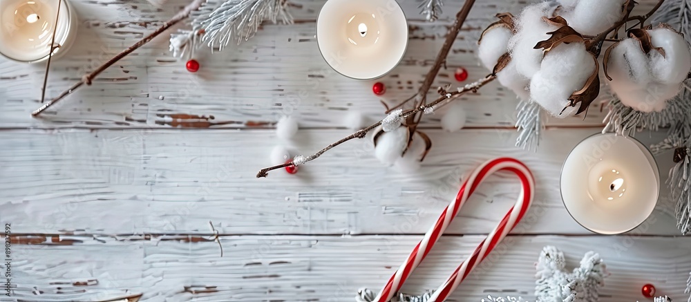 Poster close up top view of a festive arrangement featuring a cotton branch candles and a candy cane on a w