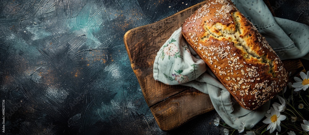 Poster a delicious loaf of banana bread perfect for breakfast or a snack with a rustic touch displayed on a