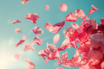 Pink rose petals drifting in the wind, Delicate pink petals cascading from the heavens, creating a dreamy and enchanting scene, AI generated