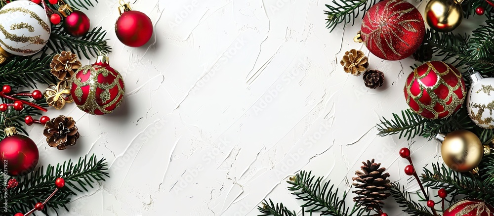 Poster Christmas composition with ornaments and tree branches on a white background with a copy space image