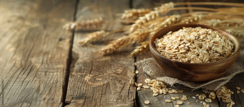 Poster a bountiful harvest of oat ears displayed on a wooden table with a bowl of healthy and fresh dry oat