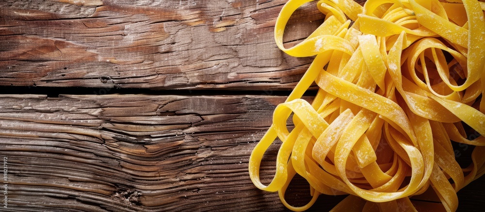 Poster A close up image of homemade tagliatelle pasta displayed on a wooden surface with copy space image available