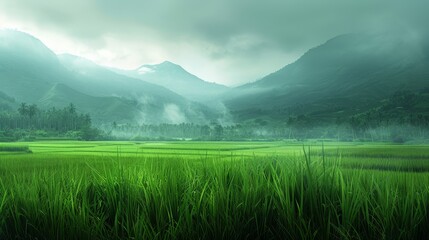 Fototapeta premium A lush, green field precedes mist-shrouded mountain ranges, featuring aforementioned grass in the foreground