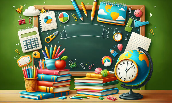 Bunte Tafel und B&uuml;cher zum Schulbeginn