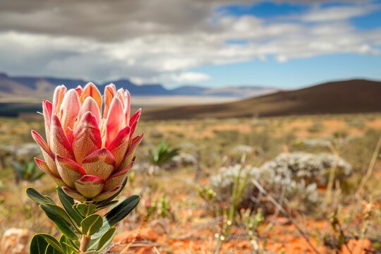 Protea bloom in a desert landscape, Desert protea flower blooming in arid landscape, showcasing vibrant colors and unique beauty, AI generated