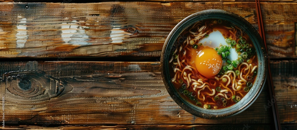 Poster Top down view of delectable miso ramen with an egg in a bowl on a wooden surface ideal for adding text such as in a copy space image