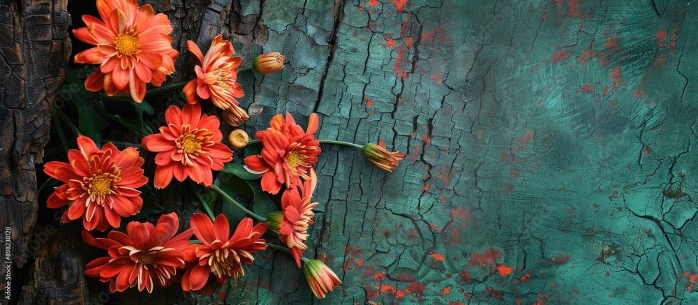 Poster chrysanthemum flowers on tree bark with copy space image on green backdrop