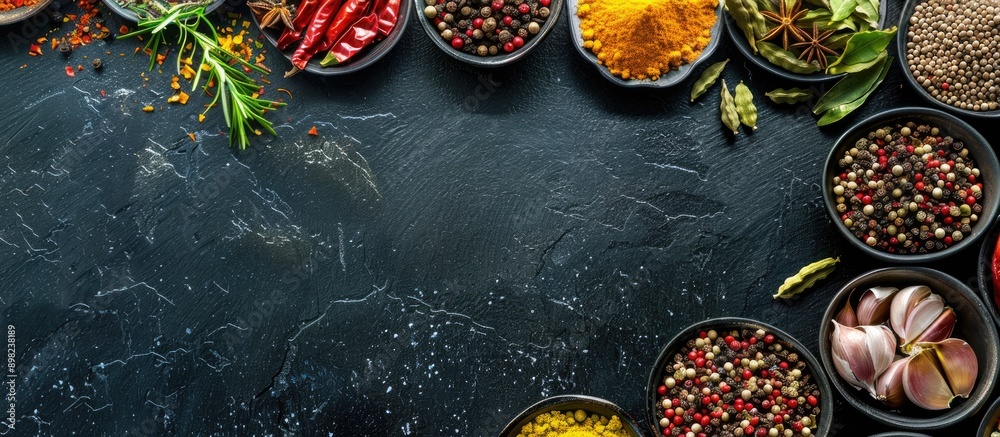 Fototapete top view of an array of vibrant spices against a black backdrop with copy space image