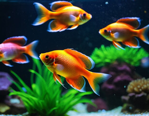 Fototapeta premium Colorful fish swim gracefully in a well-lit aquarium. The tank is decorated with coral, plants, and gravel, creating a vibrant underwater scene. Undersea world. Aquariums as a hobby. AI generated