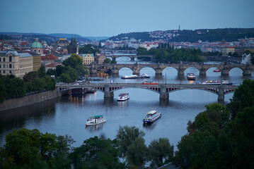 Obraz premium Aerial cityscape evening view of Prague, capital of Czech Republic, view from Letna park