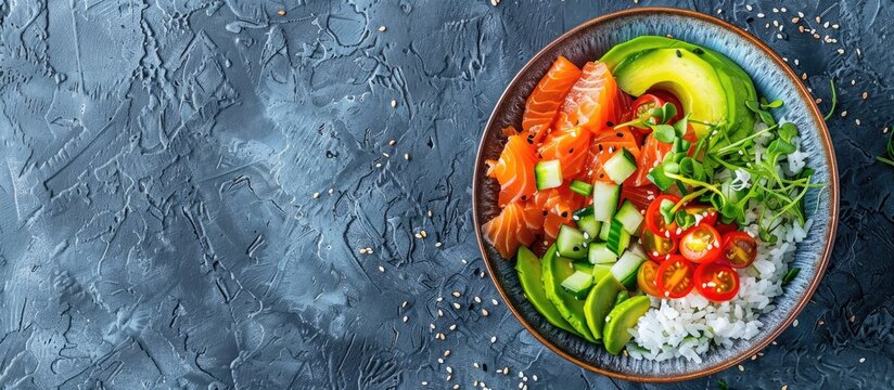 A classic Hawaiian Poke salad featuring salmon avocado rice and veggies beautifully arranged in a bowl with copy space image