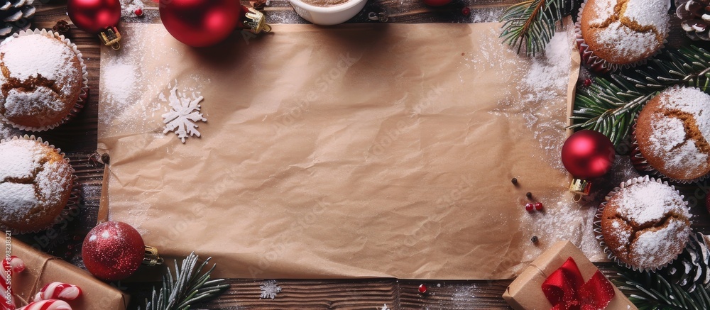 Poster top down view of a paper with christmas greetings muffins snow and a christmas tree featuring copy s