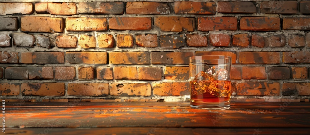 Poster bar concept with whiskey and ice on a wooden table against a brick wall background providing copy sp