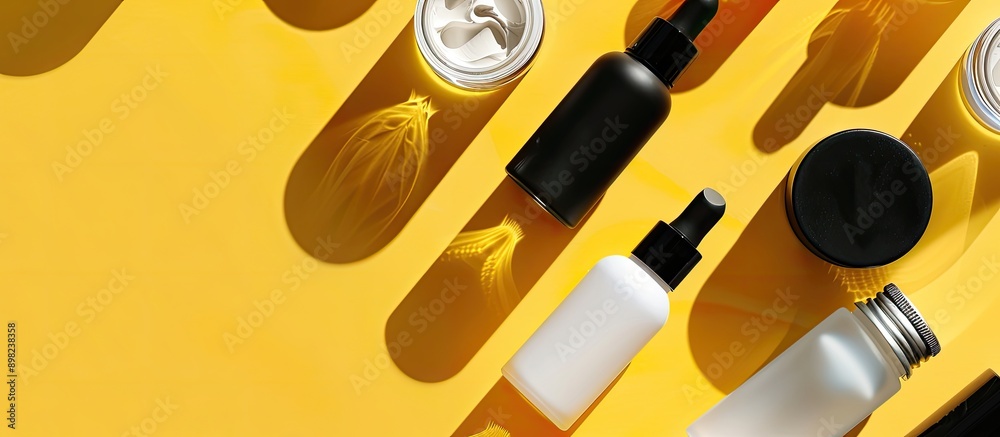 Sticker top view of cosmetic product bottles on a yellow white backdrop with shadows under harsh lighting fo