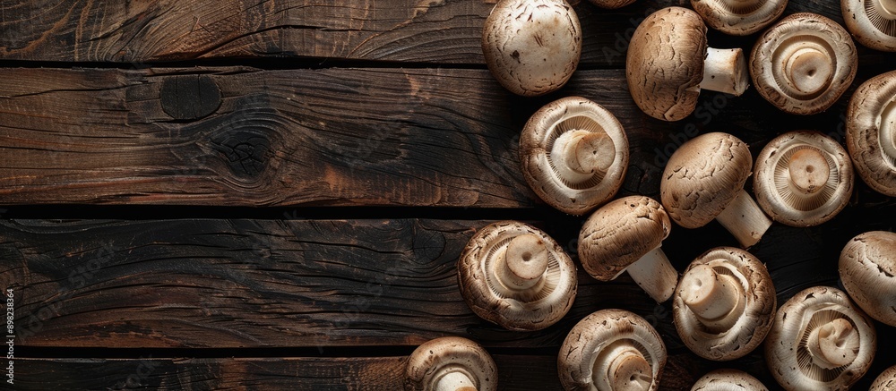 Aufkleber Top down view of champignons mushrooms displayed on a dark wooden surface with ample copy space image available for text