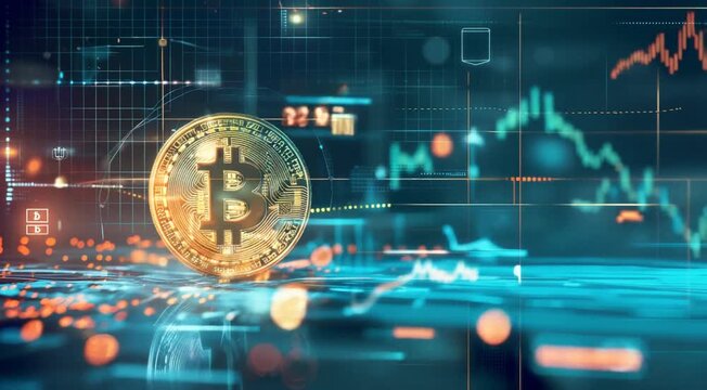 Gold coins Bitcoin BTC rotating on the background of the graph. Digital coin btc money cryptocurrency on bitcoin farm in digital cyberspace. Virtual Internet Cryptocurrency and Digital Payment System
